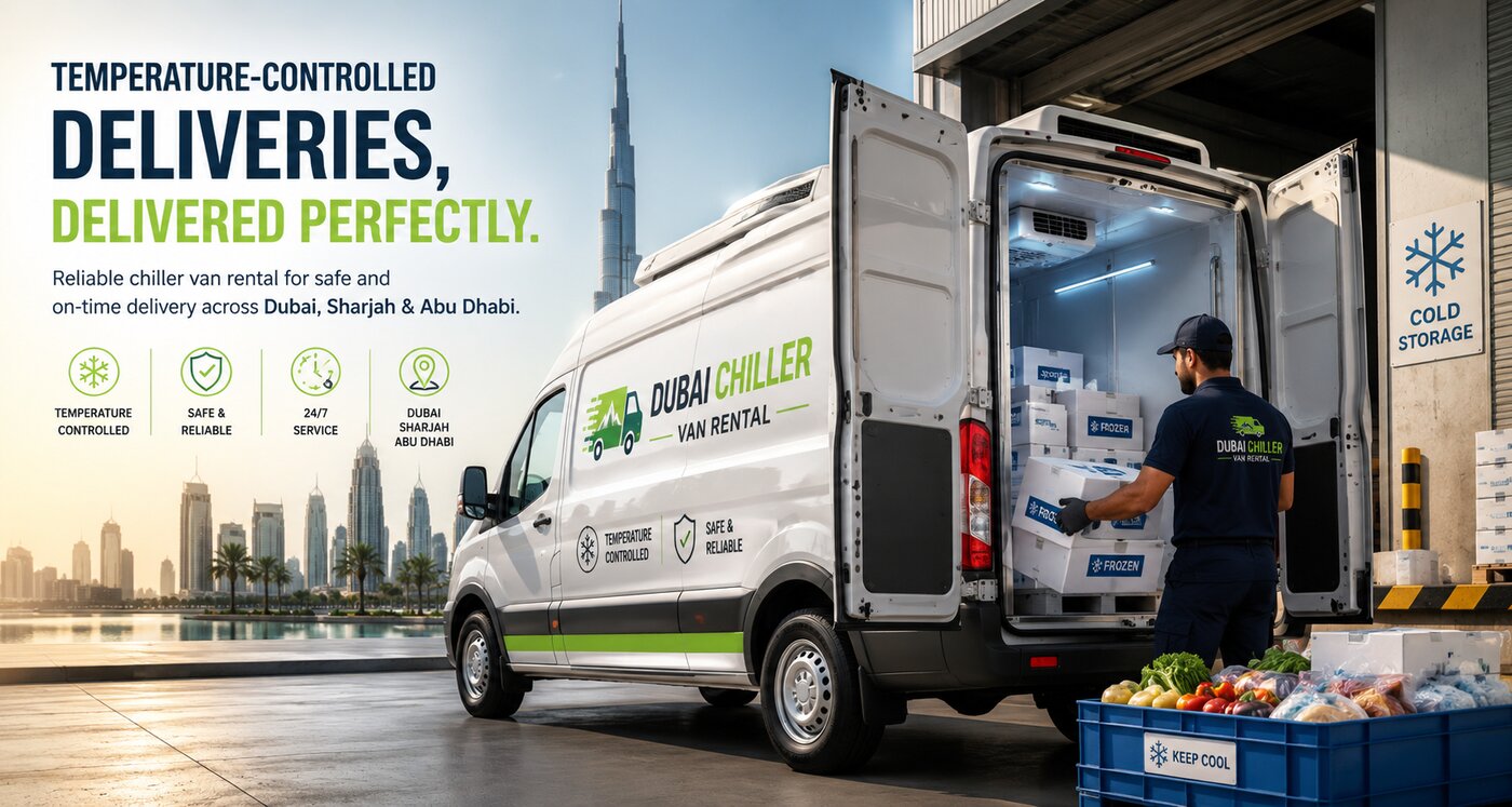 White Dubai Chiller Van Rental refrigerated van with branded livery on a Dubai road